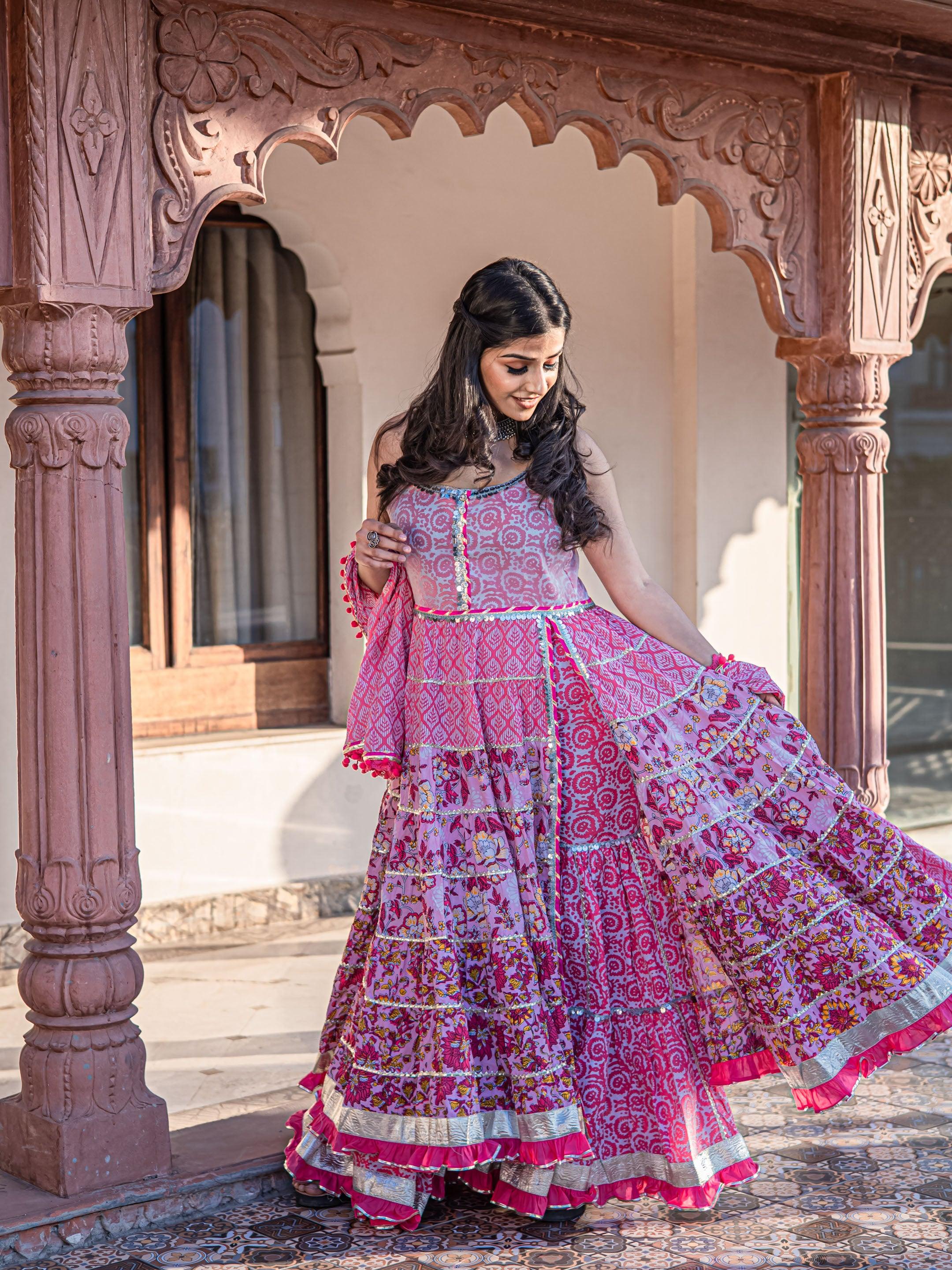 Elyora Pink Cotton Sleeves less Anarkali Sharara set with Dupatta - Elyoraworld.com