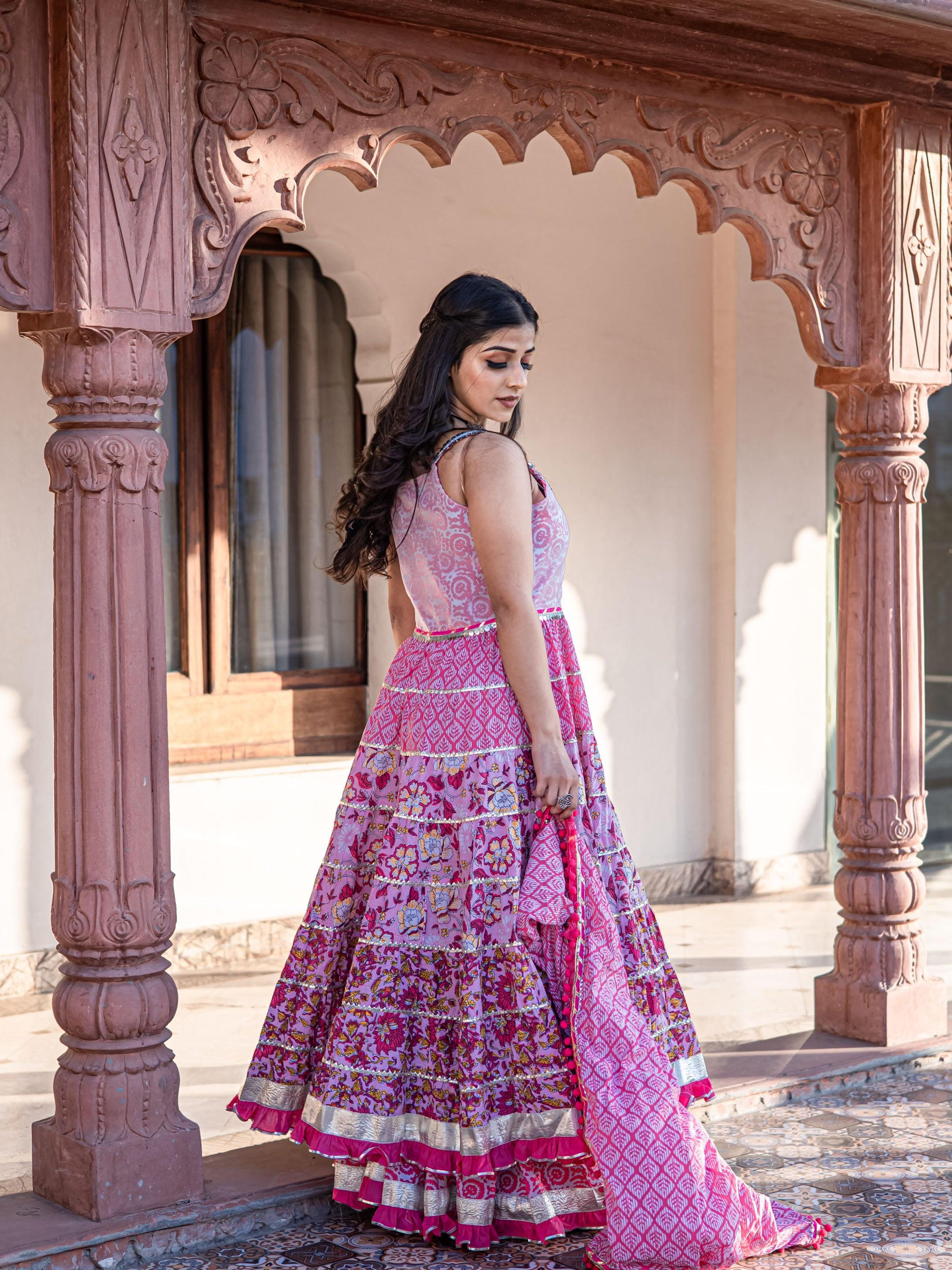 Elyora Pink Cotton Sleeves less Anarkali Sharara set with Dupatta - Elyoraworld.com