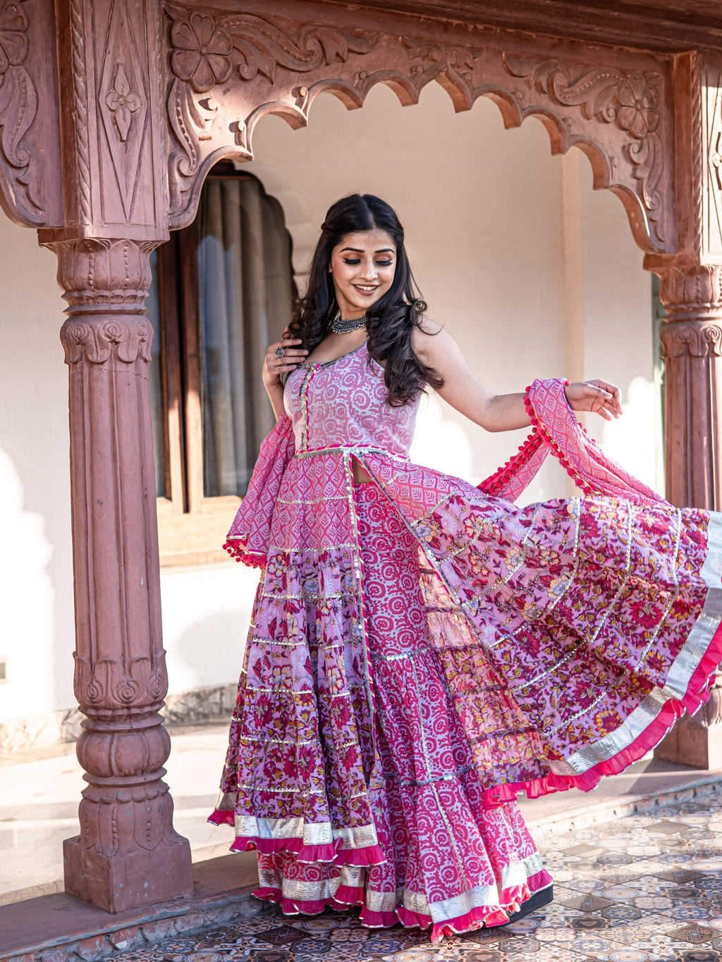Elyora Pink Cotton Sleeves less Anarkali Sharara set with Dupatta - Elyoraworld.com