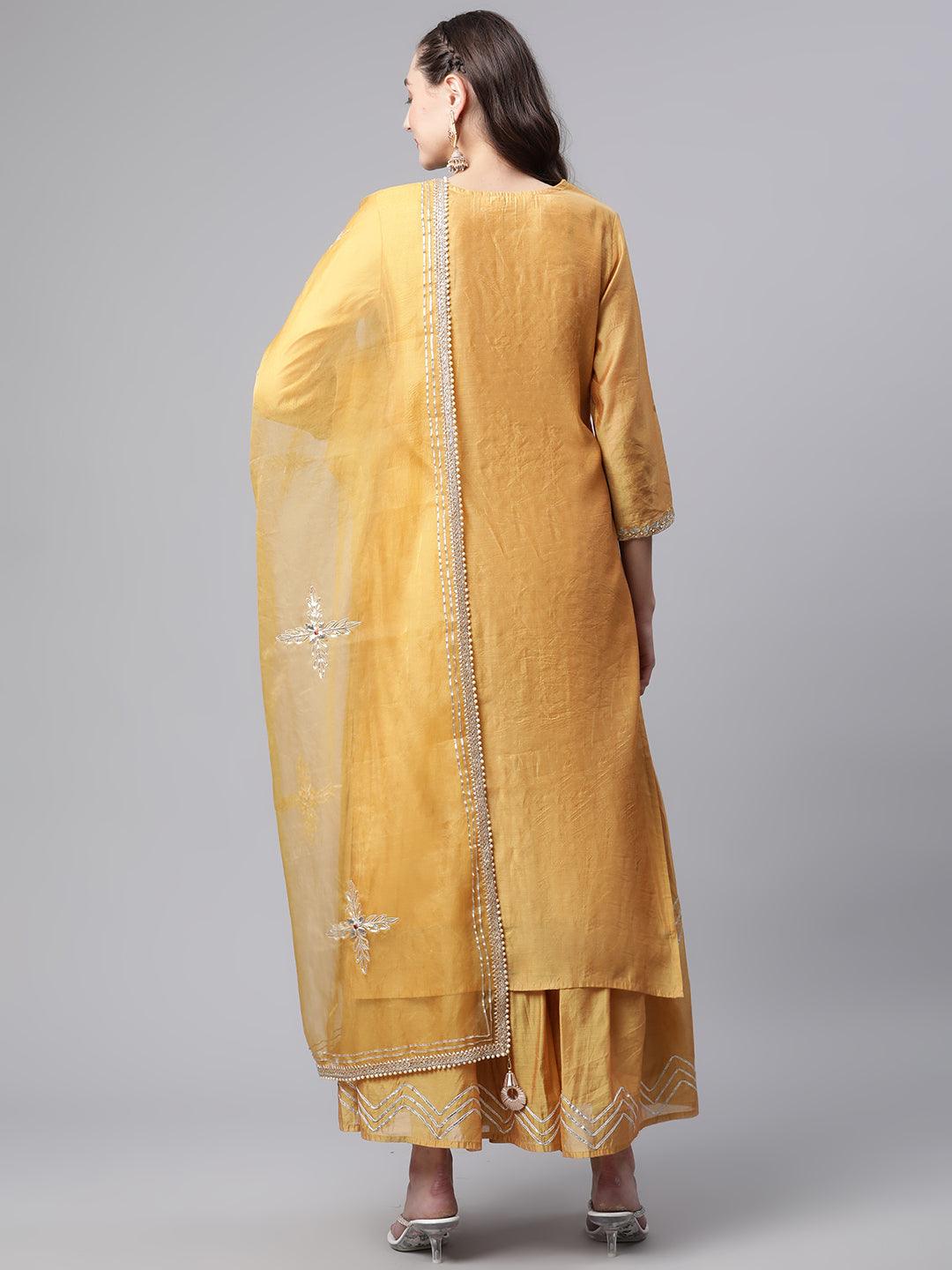 Elyora Yellow Gold Solid Chenderi Kurta Sharara Set with Dupatta - Elyora world