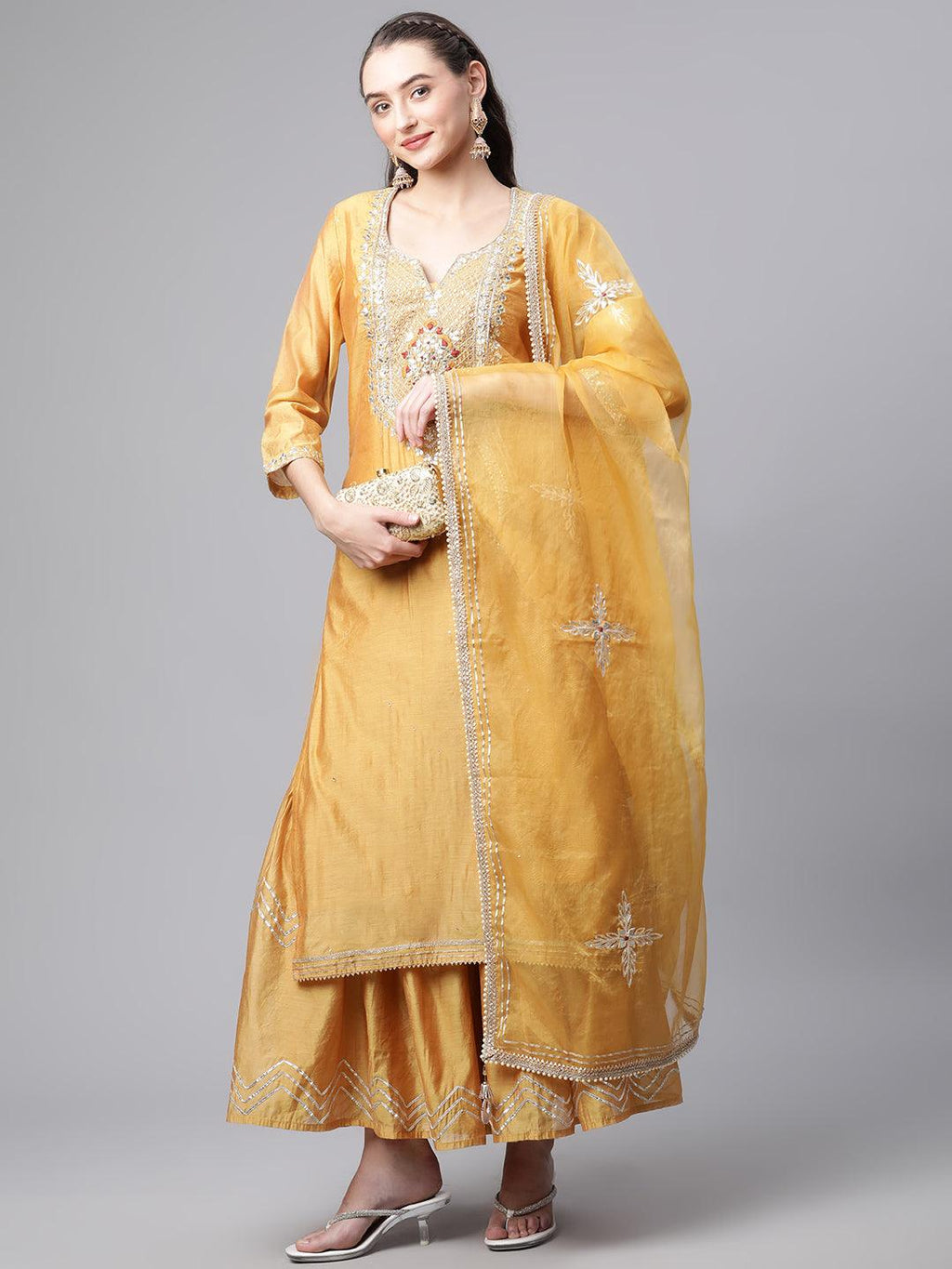 Elyora Yellow Gold Solid Chenderi Kurta Sharara Set with Dupatta - Elyora world
