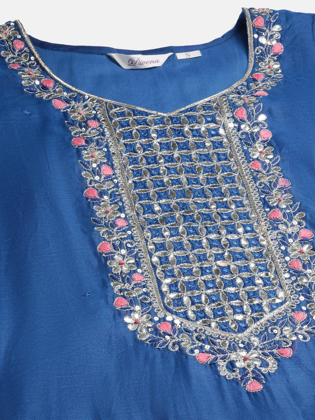 Elyora Blue Solid Chenderi Kurta Skirt Set with Dupatta - Elyoraworld.com