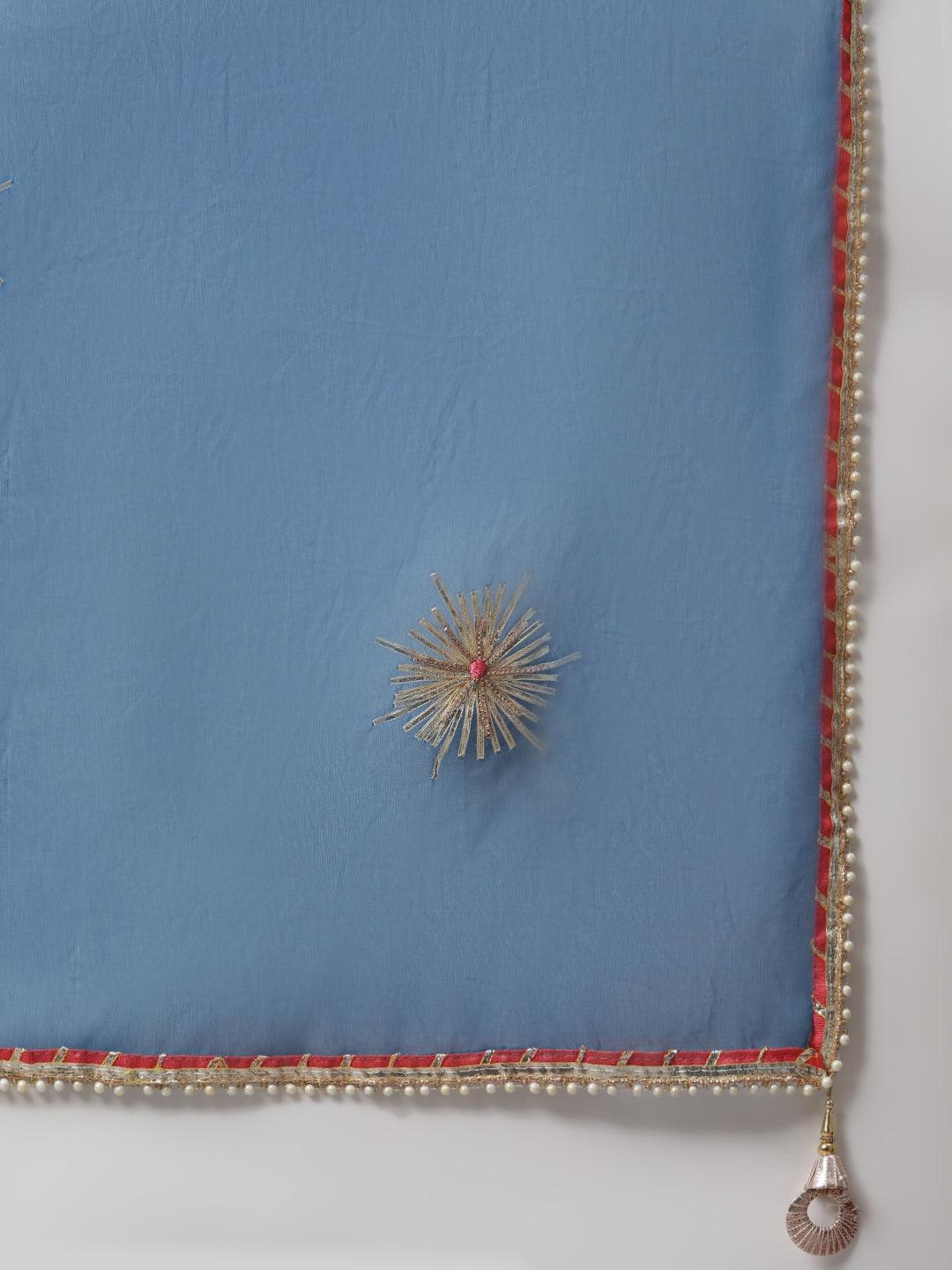 Elyora Blue Solid Chenderi Kurta Skirt Set with Dupatta - Elyoraworld.com