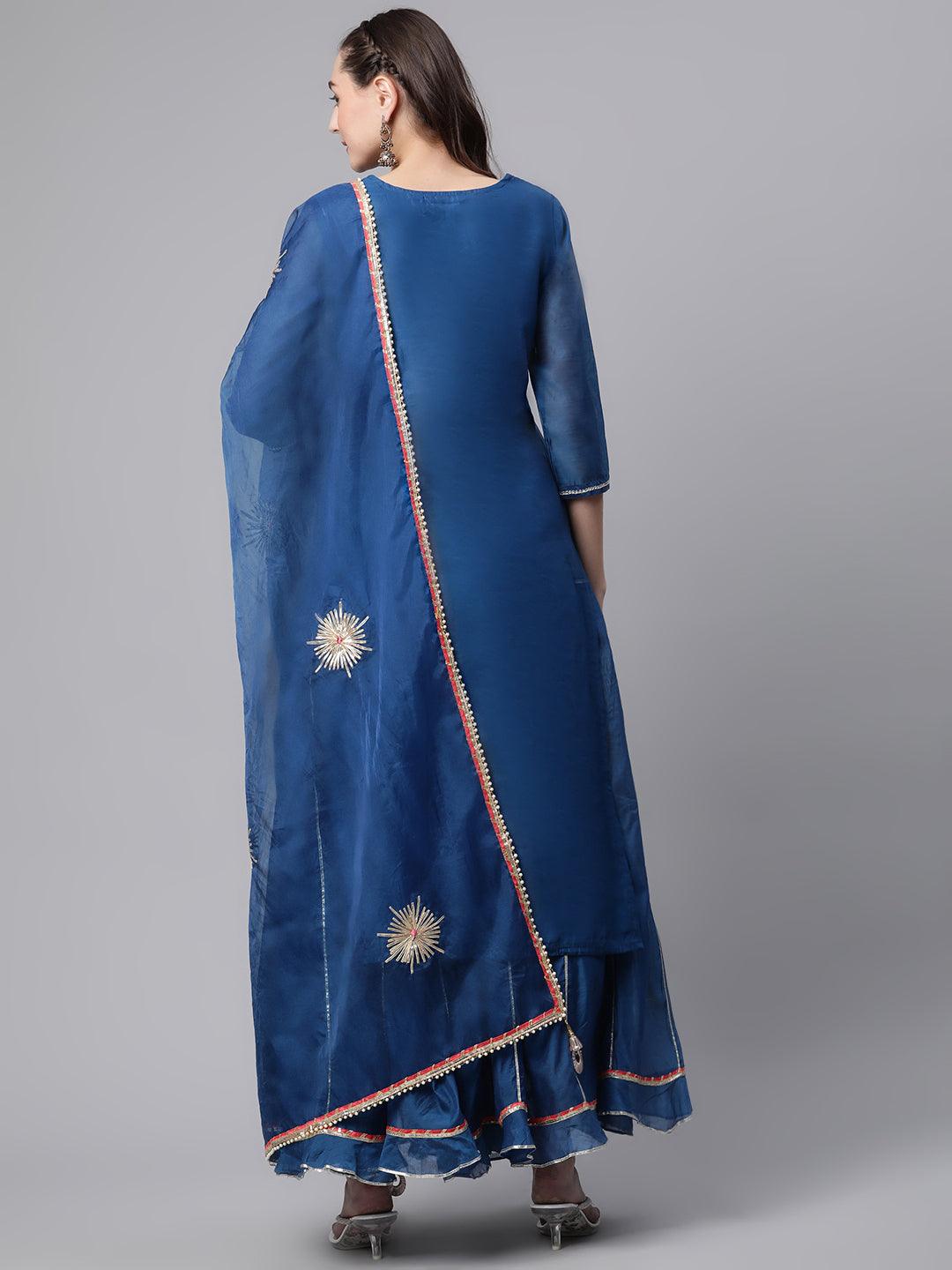 Elyora Blue Solid Chenderi Kurta Skirt Set with Dupatta - Elyoraworld.com