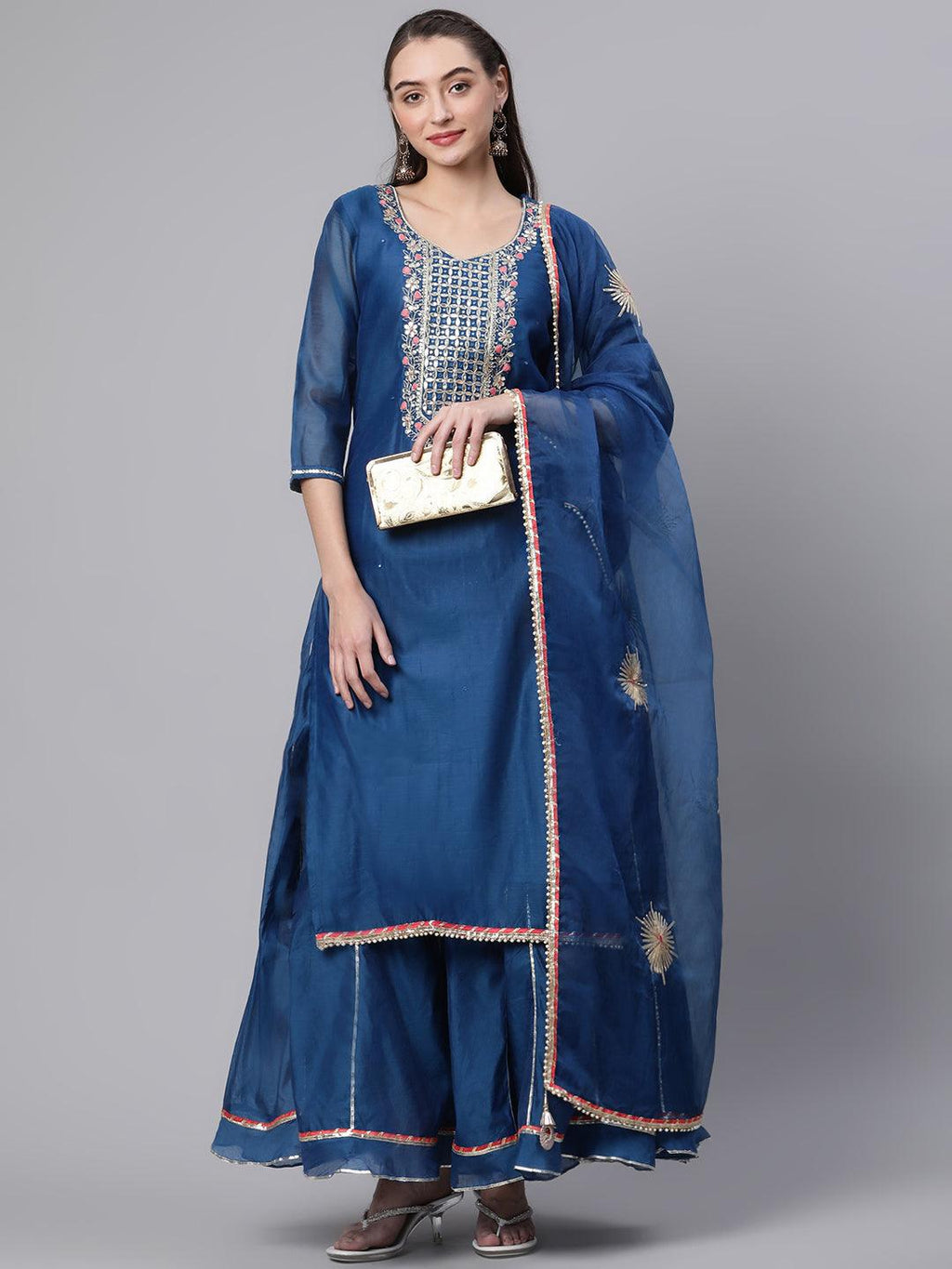 Elyora Blue Solid Chenderi Kurta Skirt Set with Dupatta - Elyoraworld.com