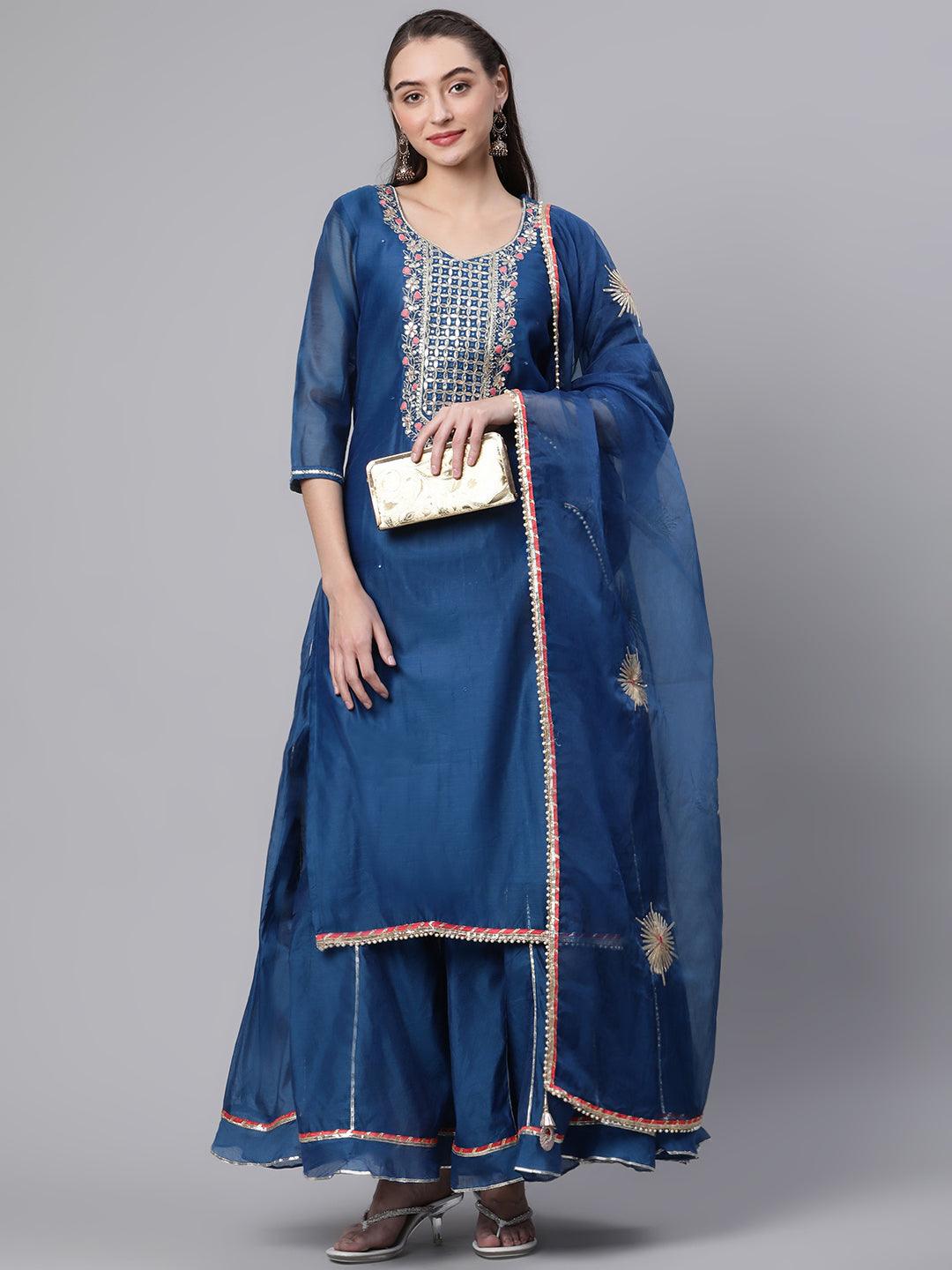 Elyora Blue Solid Chenderi Kurta Skirt Set with Dupatta - Elyoraworld.com