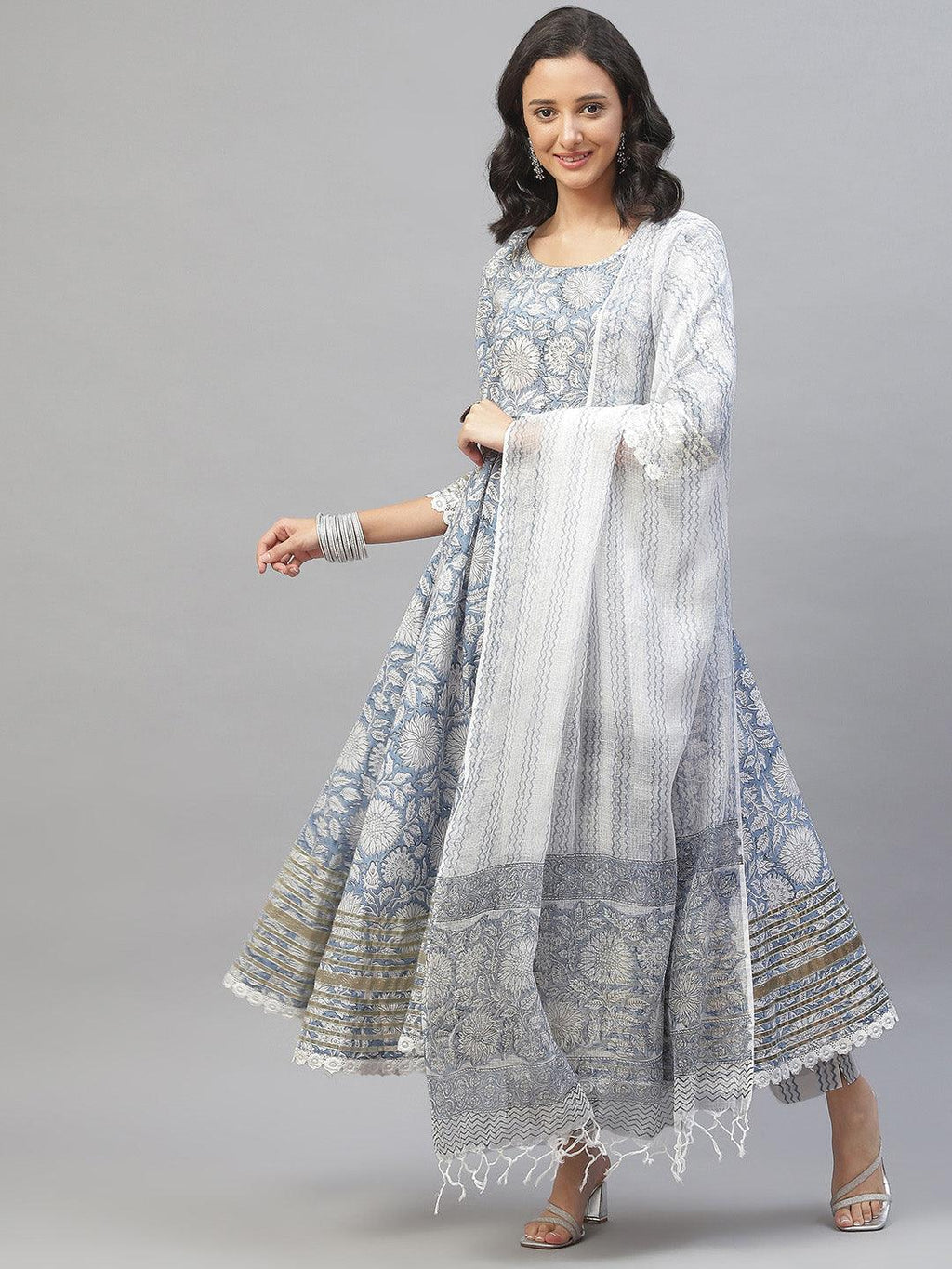 Elyora Sky blue Hand Block Printed Anarkali kurta Pant Set with Dupatta - Elyora world