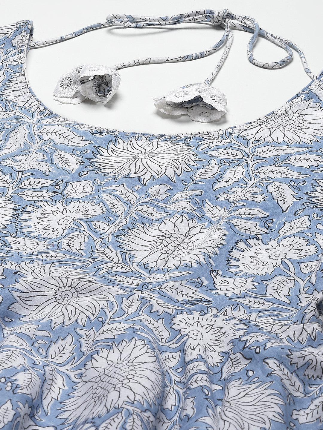 Elyora Sky blue Hand Block Printed Anarkali kurta Pant Set with Dupatta - Elyora world