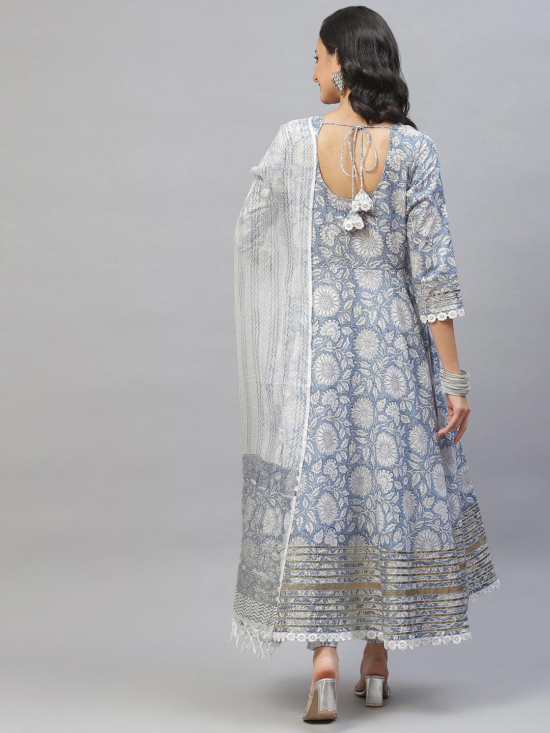 Elyora Sky blue Hand Block Printed Anarkali kurta Pant Set with Dupatta - Elyora world