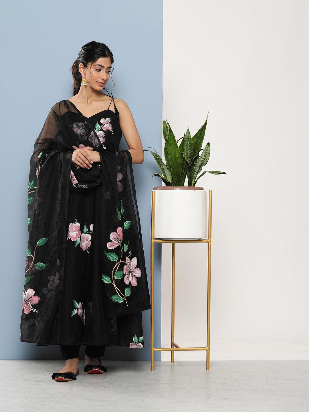 Elyora Black Hand Painted Floral Organza Anarkali Kurta Pant Set with Dupatta - Elyora world