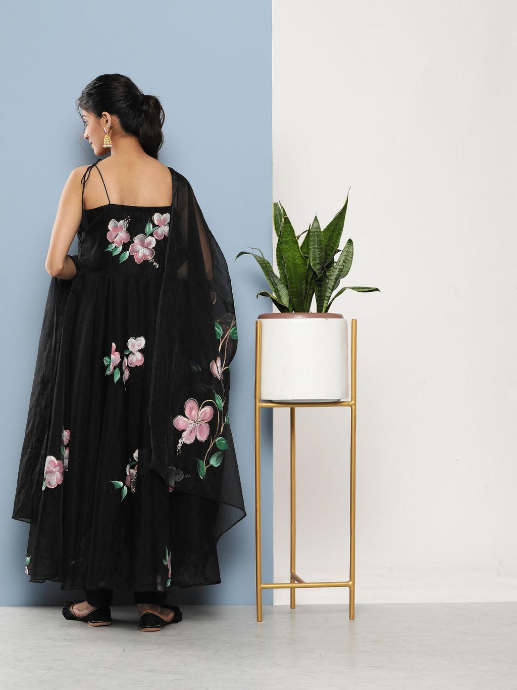 Elyora Black Hand Painted Floral Organza Anarkali Kurta Pant Set with Dupatta - Elyora world