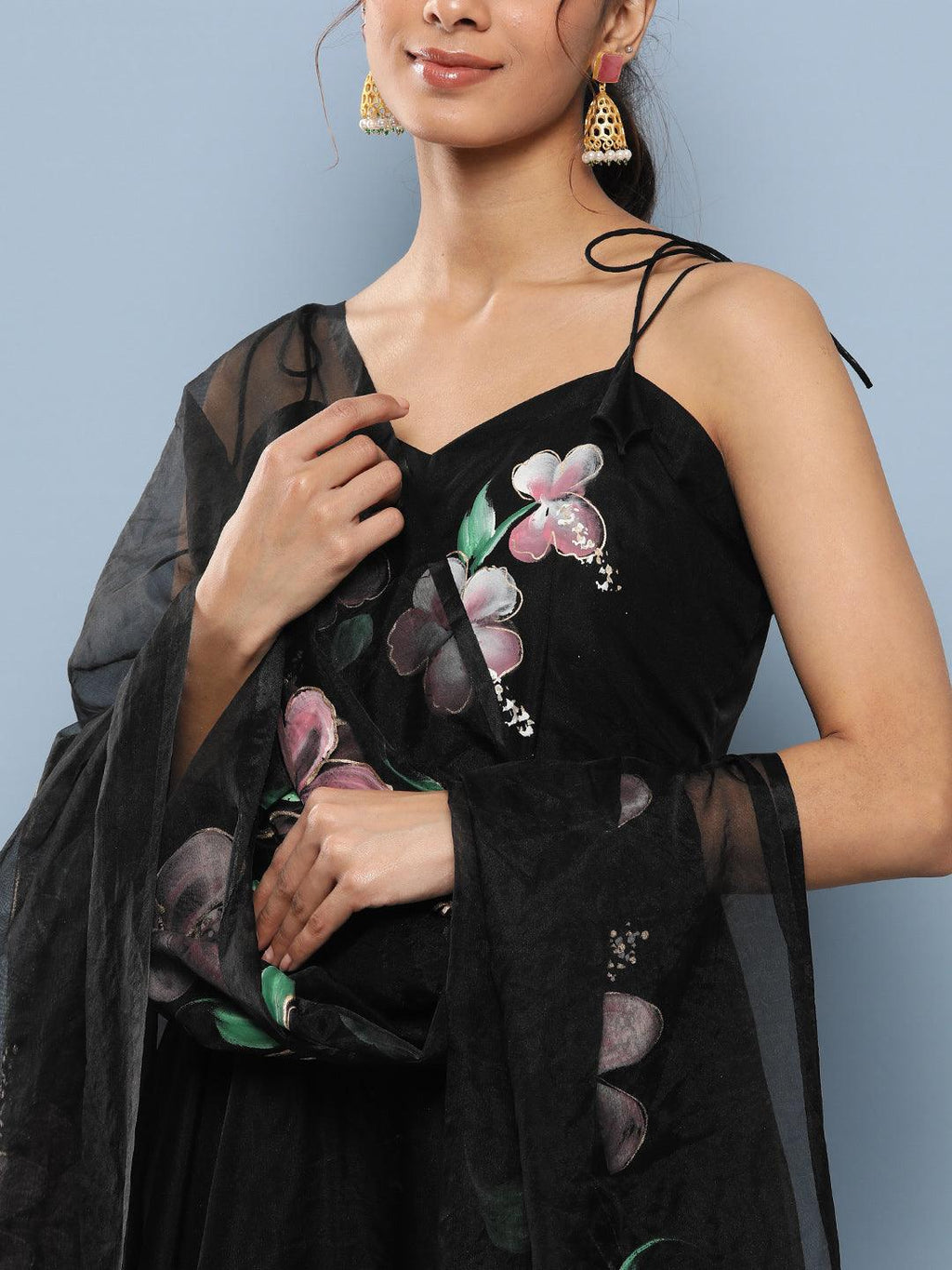 Elyora Black Hand Painted Floral Organza Anarkali Kurta Pant Set with Dupatta - Elyora world