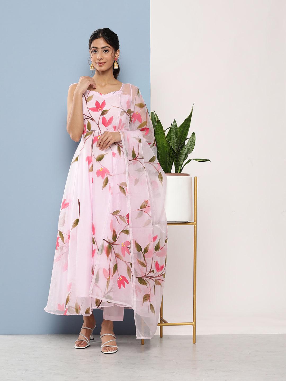 Elyora Pink Hand Painted Floral Organza Anarkali Kurta Pant Set with Dupatta - Elyora world