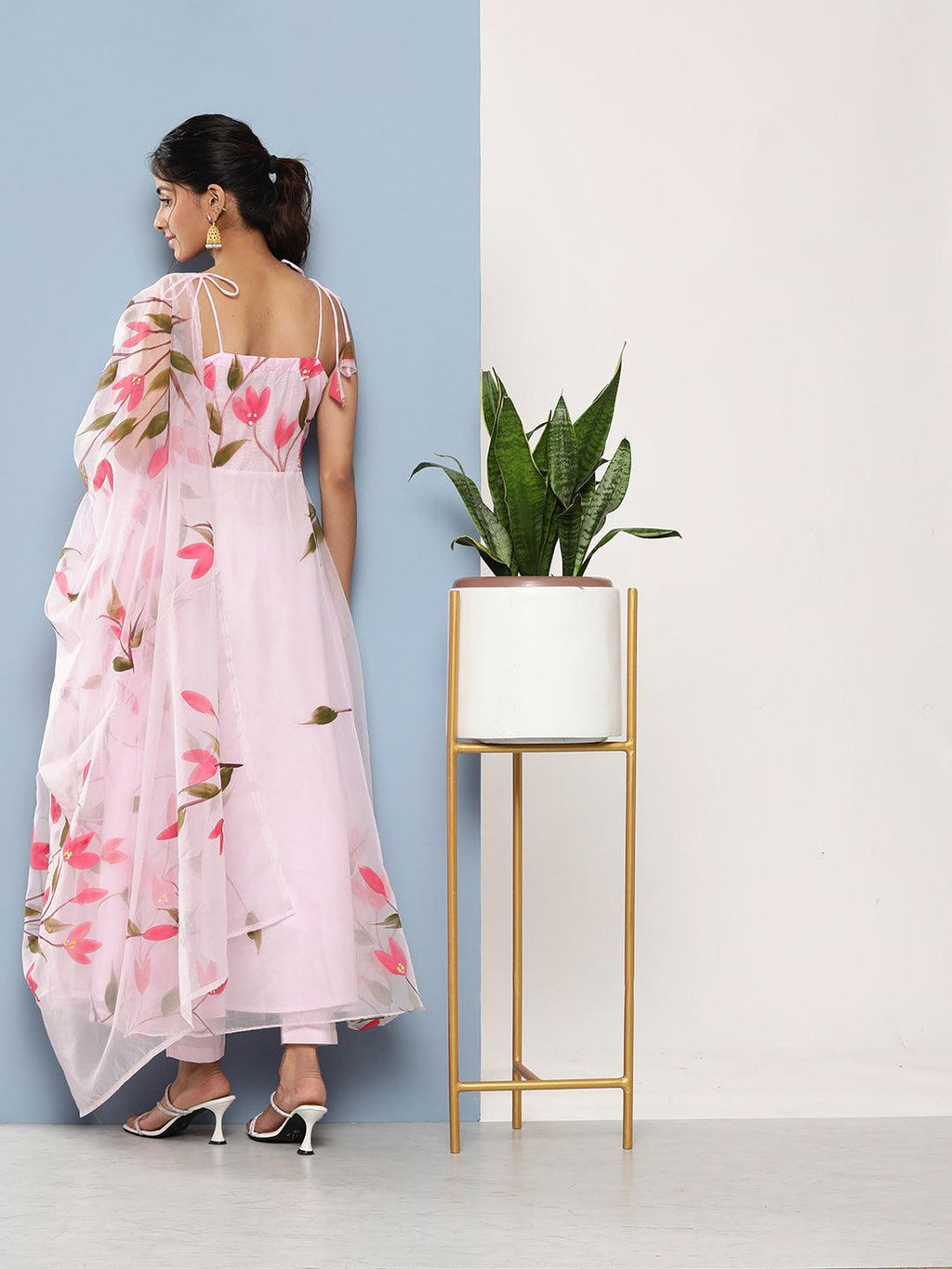Elyora Pink Hand Painted Floral Organza Anarkali Kurta Pant Set with Dupatta - Elyora world