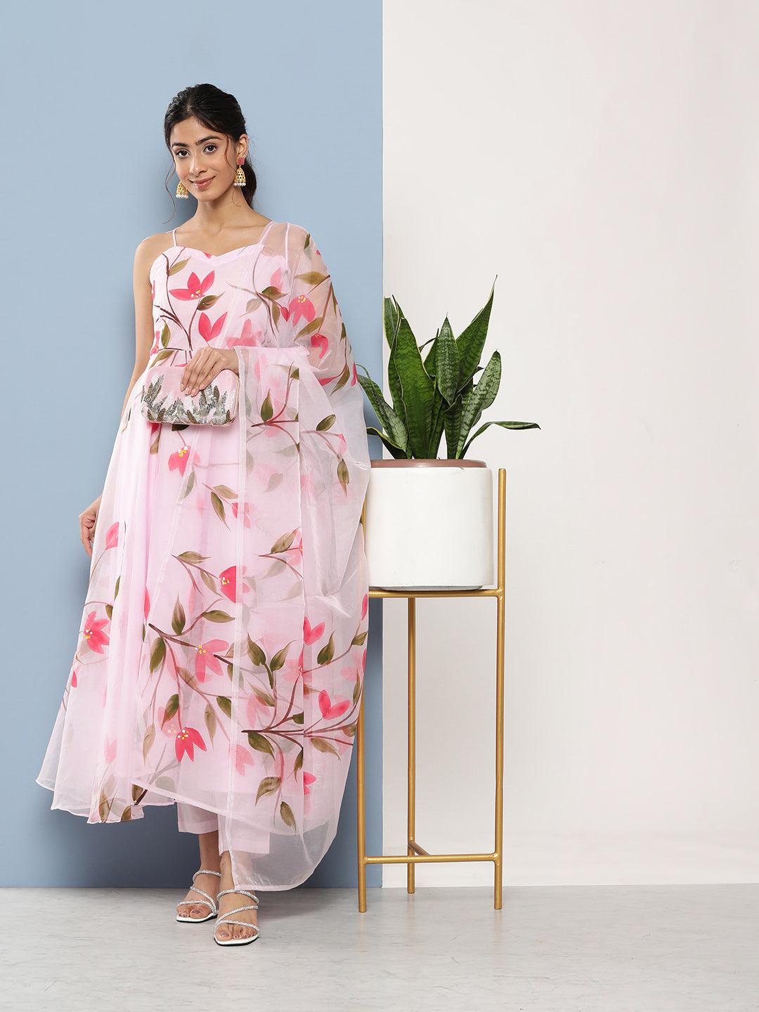 Elyora Pink Hand Painted Floral Organza Anarkali Kurta Pant Set with Dupatta - Elyora world
