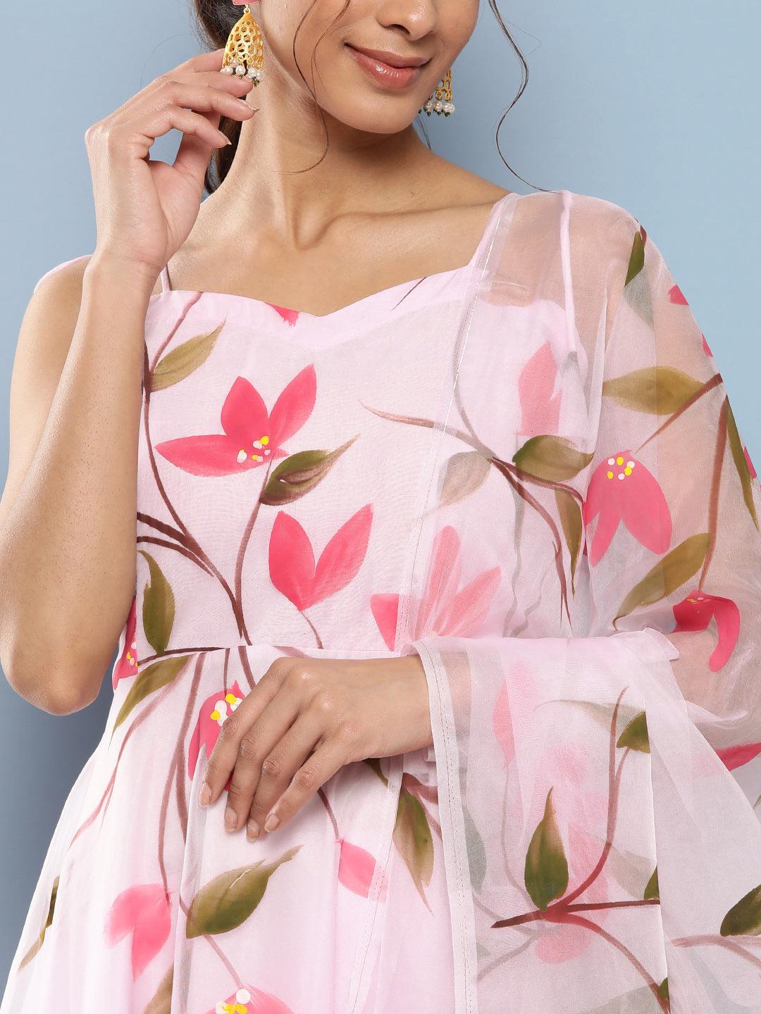 Elyora Pink Hand Painted Floral Organza Anarkali Kurta Pant Set with Dupatta - Elyora world