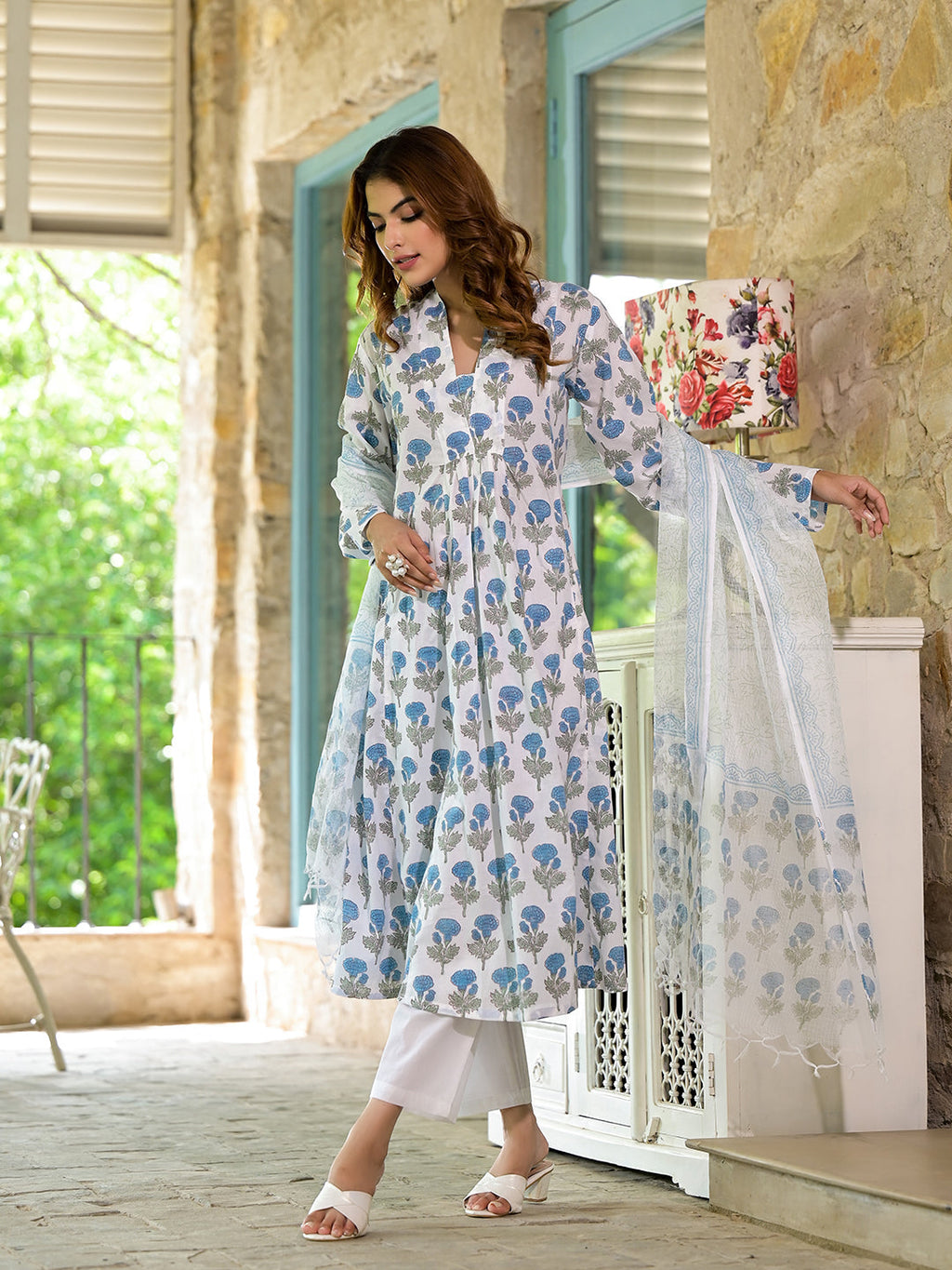 Elyora White & Blue Floral HandBlock Cotton Anarkali Cotton Kurta Set