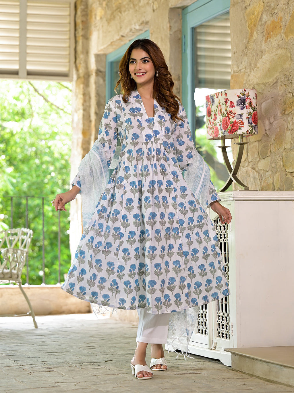 Elyora White & Blue Floral HandBlock Cotton Anarkali Cotton Kurta Set