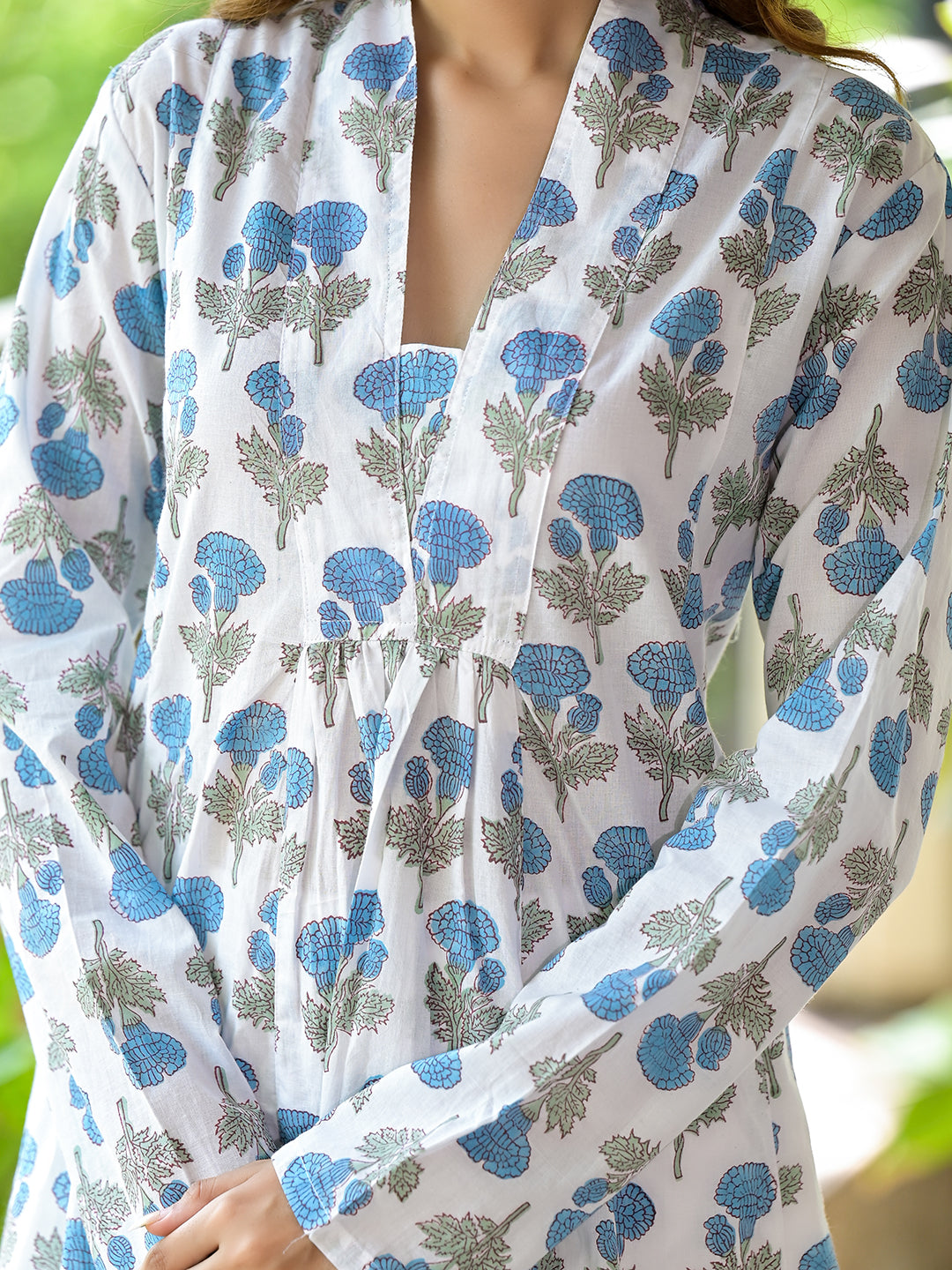 Elyora White & Blue Floral HandBlock Cotton Anarkali Cotton Kurta Set