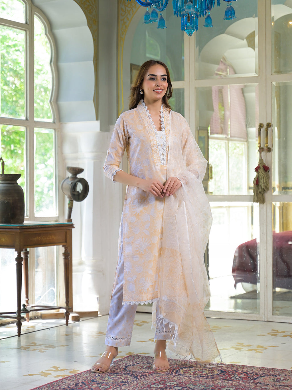 Elyora Peach Block Print Cotton Straight Kurta Pant with Dupatta