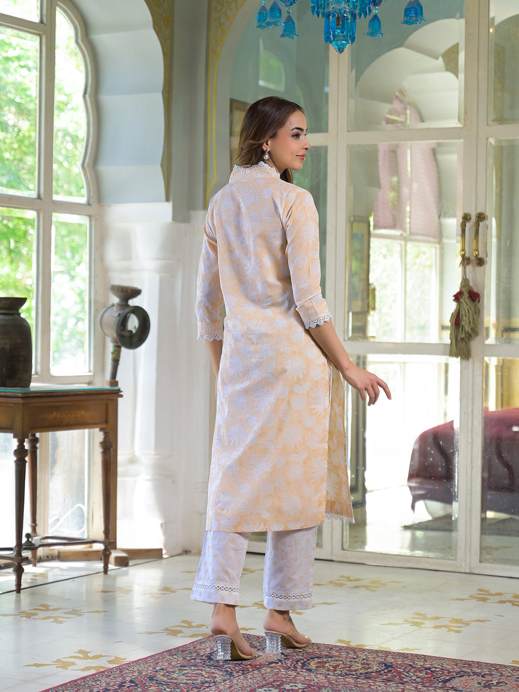 Elyora Peach Block Print Cotton Straight Kurta Pant with Dupatta