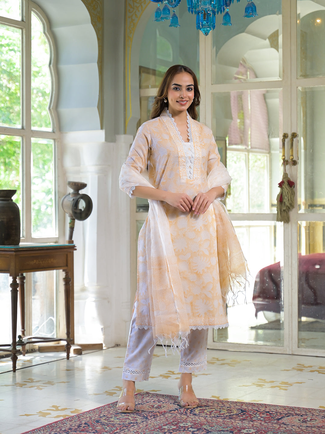 Elyora Peach Block Print Cotton Straight Kurta Pant with Dupatta