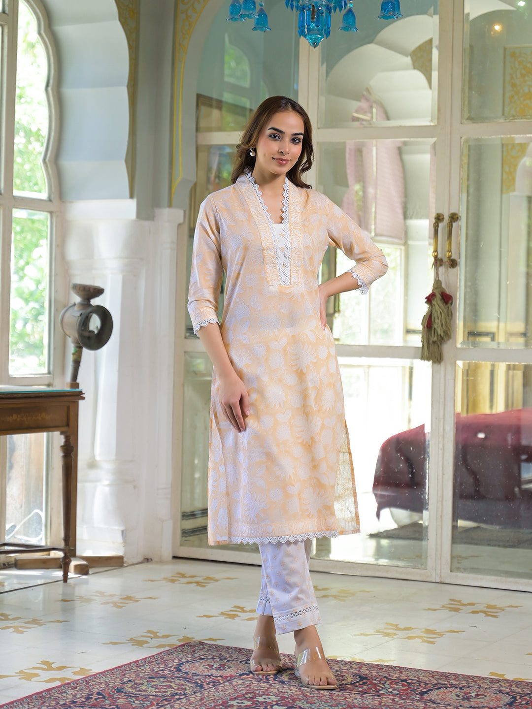 Elyora Peach Block Print Cotton Straight Kurta Pant with Dupatta