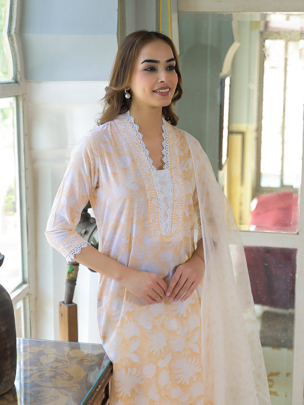 Elyora Peach Block Print Cotton Straight Kurta Pant with Dupatta