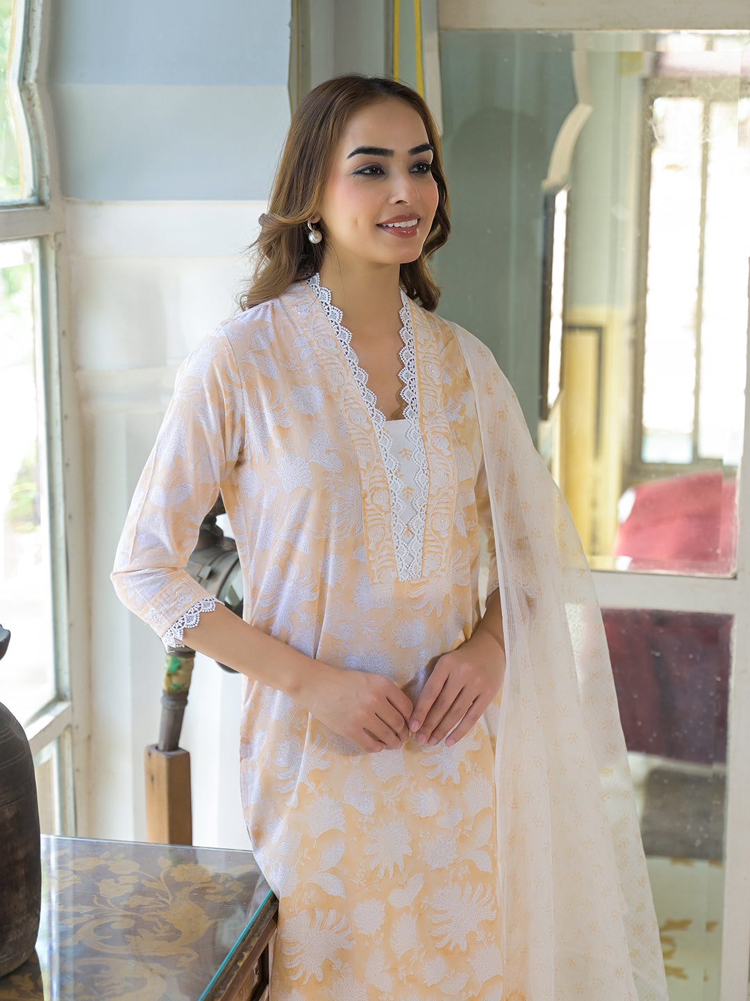 Elyora Peach Block Print Cotton Straight Kurta Pant with Dupatta