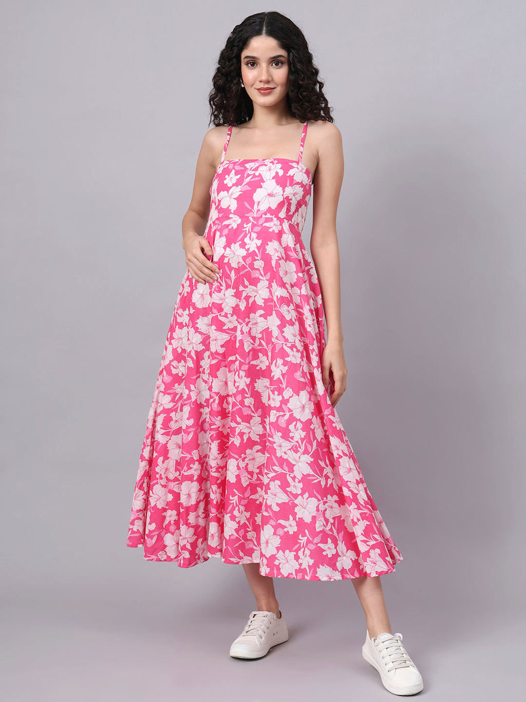 Elyora Pink Floral Shoulder Straps Cotton Dress
