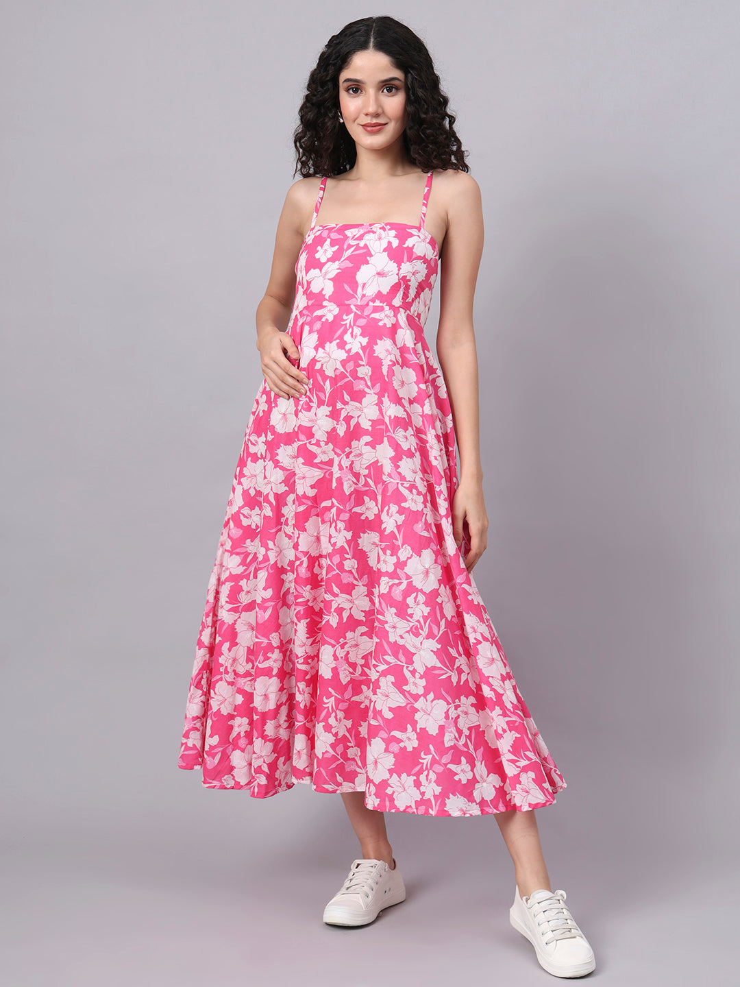 Elyora Pink Floral Shoulder Straps Cotton Dress