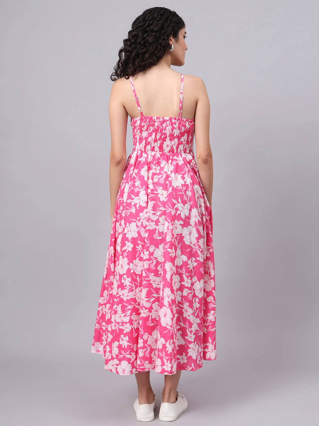 Elyora Pink Floral Shoulder Straps Cotton Dress