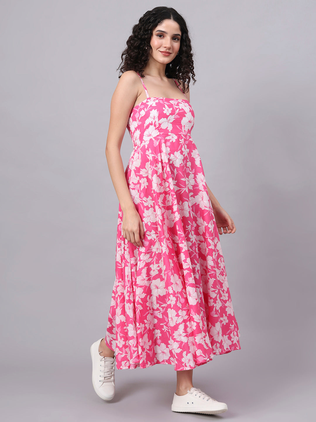 Elyora Pink Floral Shoulder Straps Cotton Dress