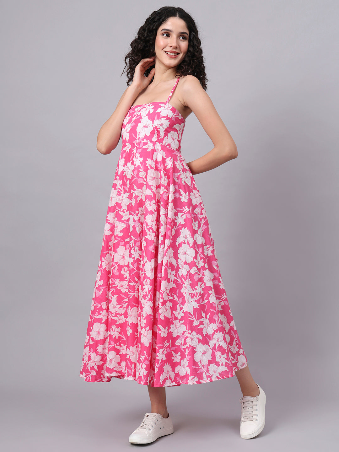 Elyora Pink Floral Shoulder Straps Cotton Dress