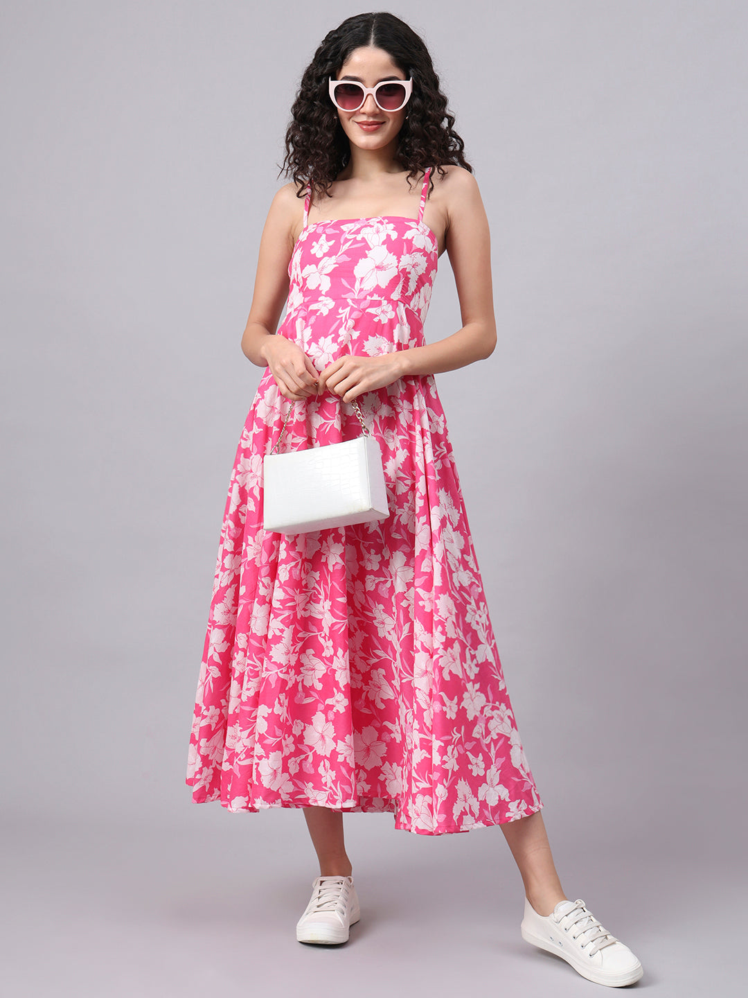 Elyora Pink Floral Shoulder Straps Cotton Dress