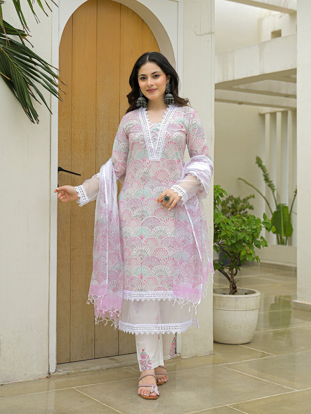 Elyora White Cotton Hand Block Straight Kurta Pant Sets With Dupatta