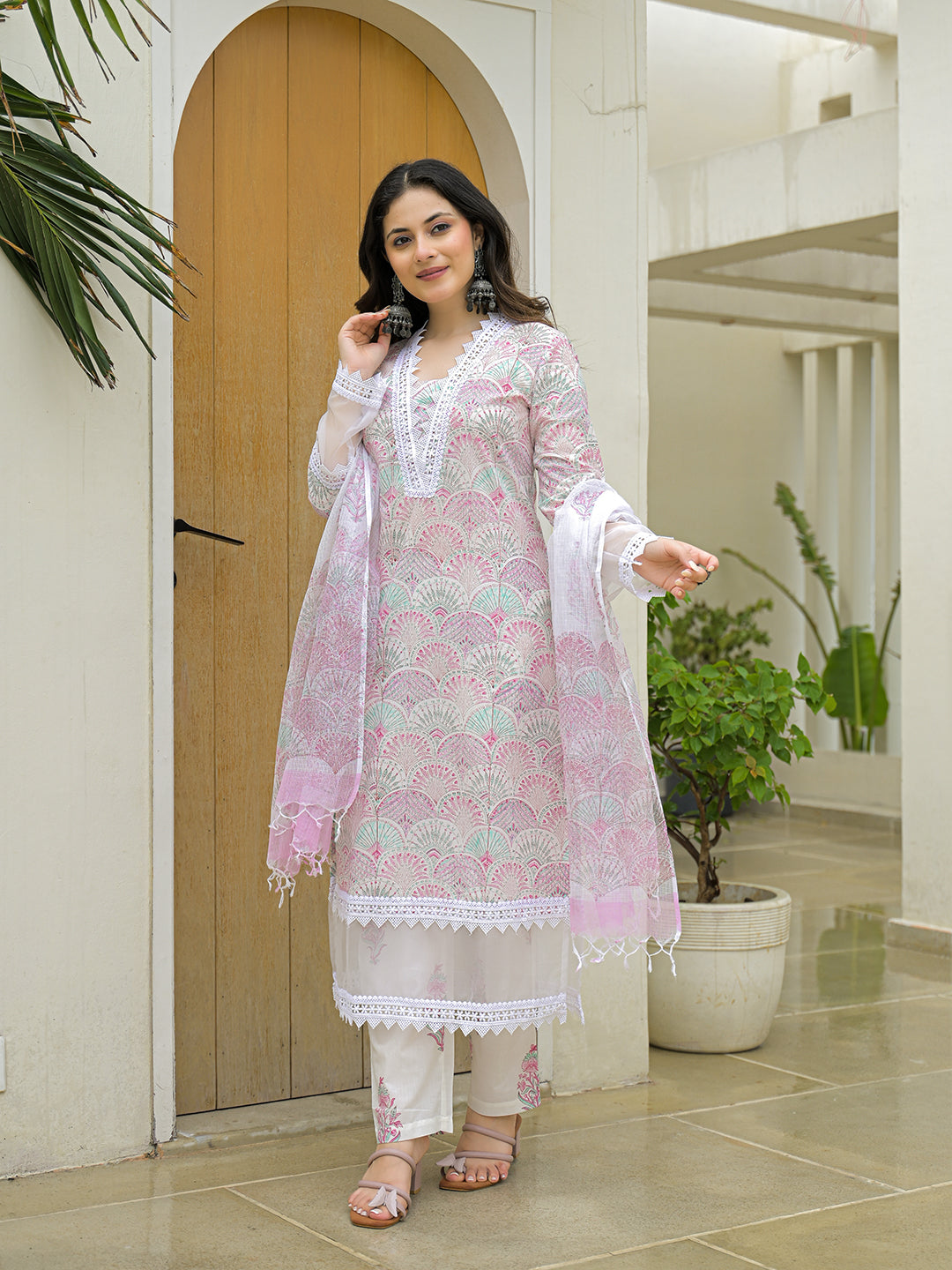 Elyora White Cotton Hand Block Straight Kurta Pant Sets With Dupatta