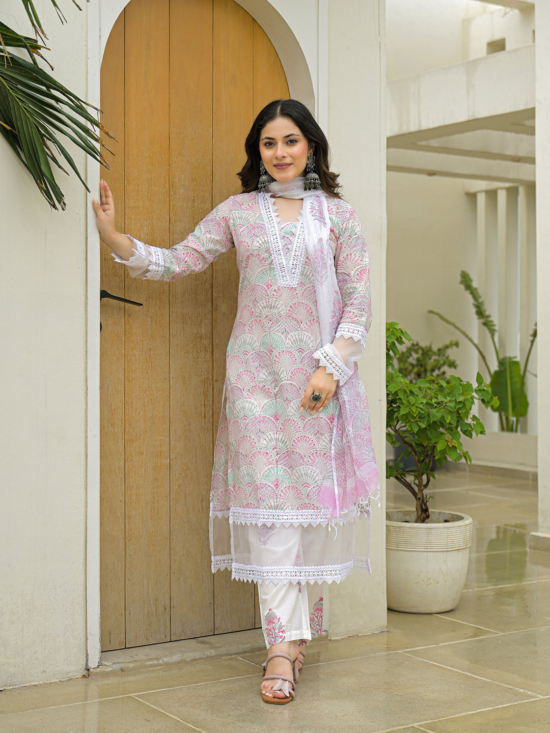 Elyora White Cotton Hand Block Straight Kurta Pant Sets With Dupatta