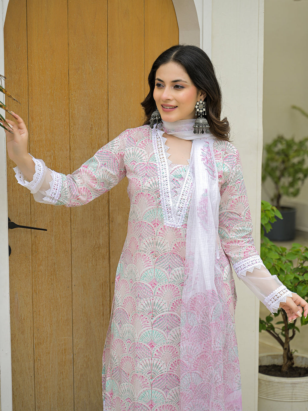 Elyora White Cotton Hand Block Straight Kurta Pant Sets With Dupatta