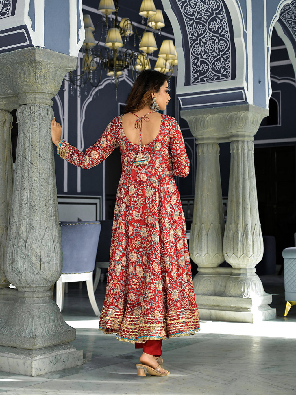 Elyora Red Floral Printed Anarkali Muslin Kurta Trouser with Dupatta Set