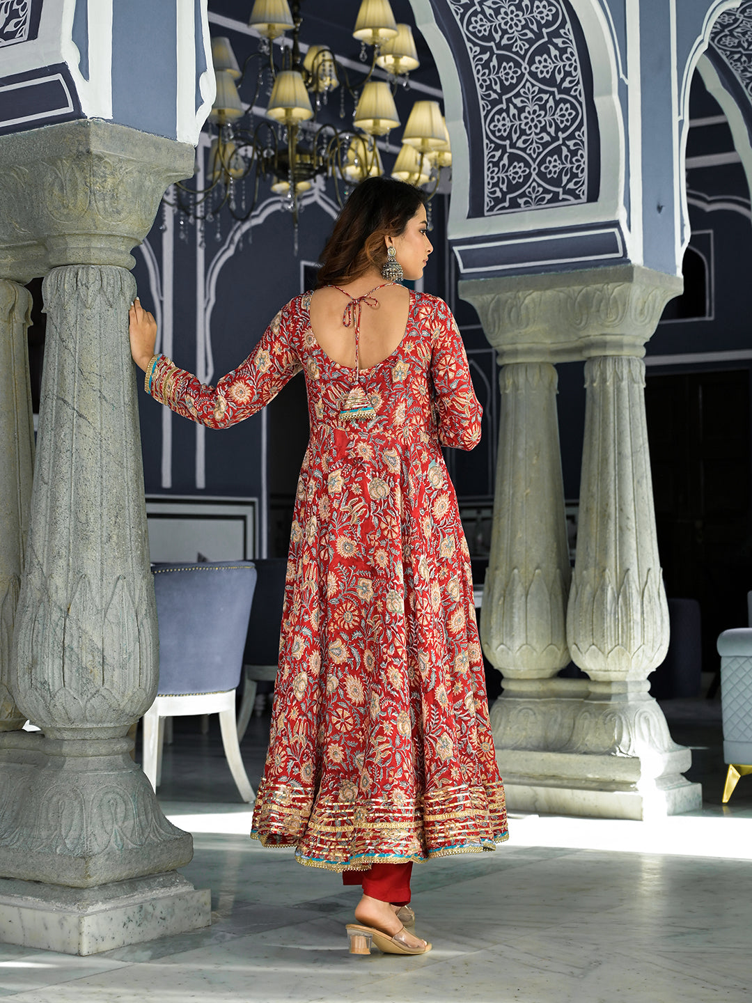 Elyora Red Floral Printed Anarkali Muslin Kurta Trouser with Dupatta Set