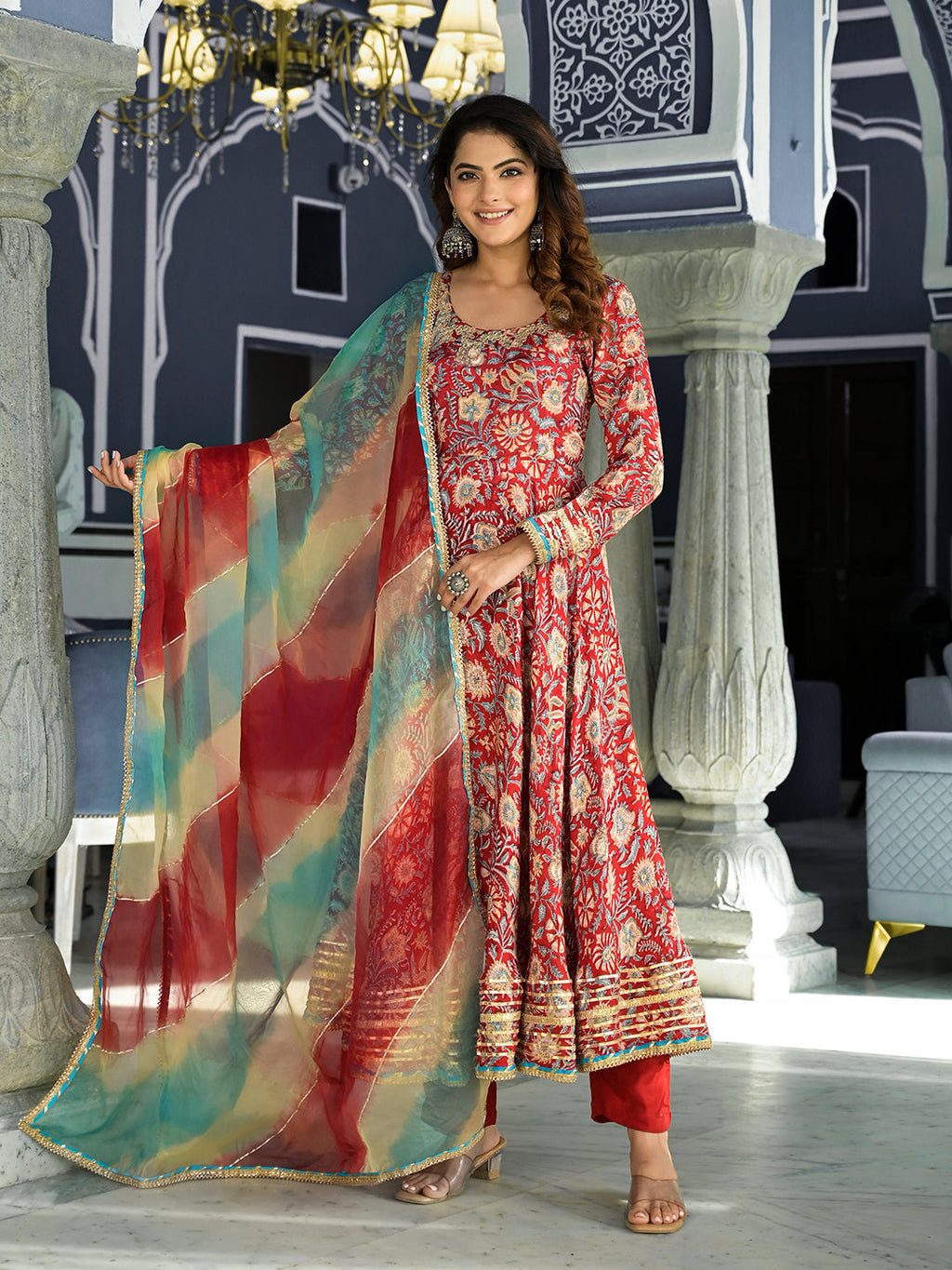 Elyora Red Floral Printed Anarkali Muslin Kurta Trouser with Dupatta Set