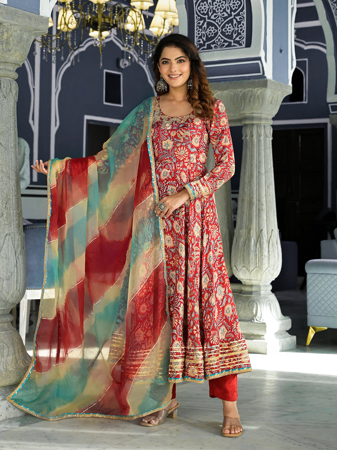 Elyora Red Floral Printed Anarkali Muslin Kurta Trouser with Dupatta Set