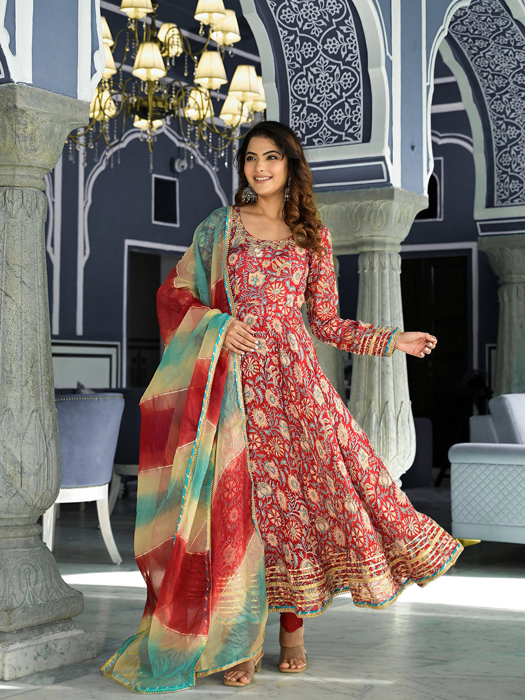 Elyora Red Floral Printed Anarkali Muslin Kurta Trouser with Dupatta Set