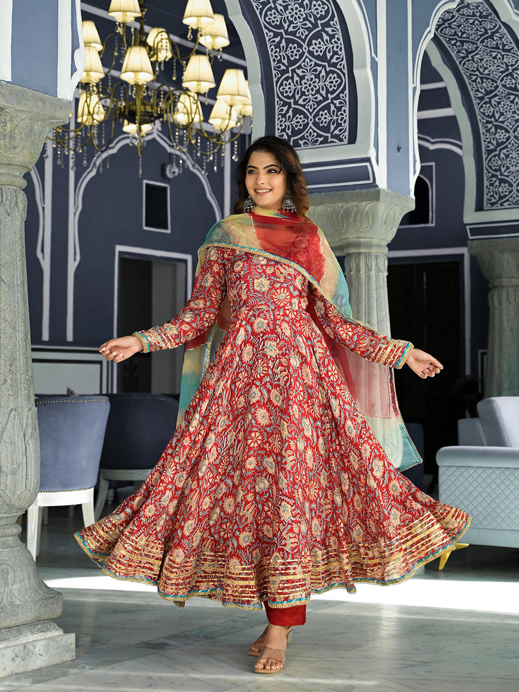 Elyora Red Floral Printed Anarkali Muslin Kurta Trouser with Dupatta Set
