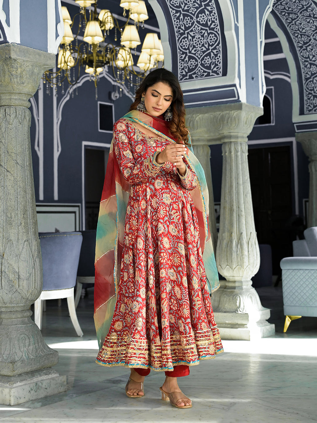Elyora Red Floral Printed Anarkali Muslin Kurta Trouser with Dupatta Set