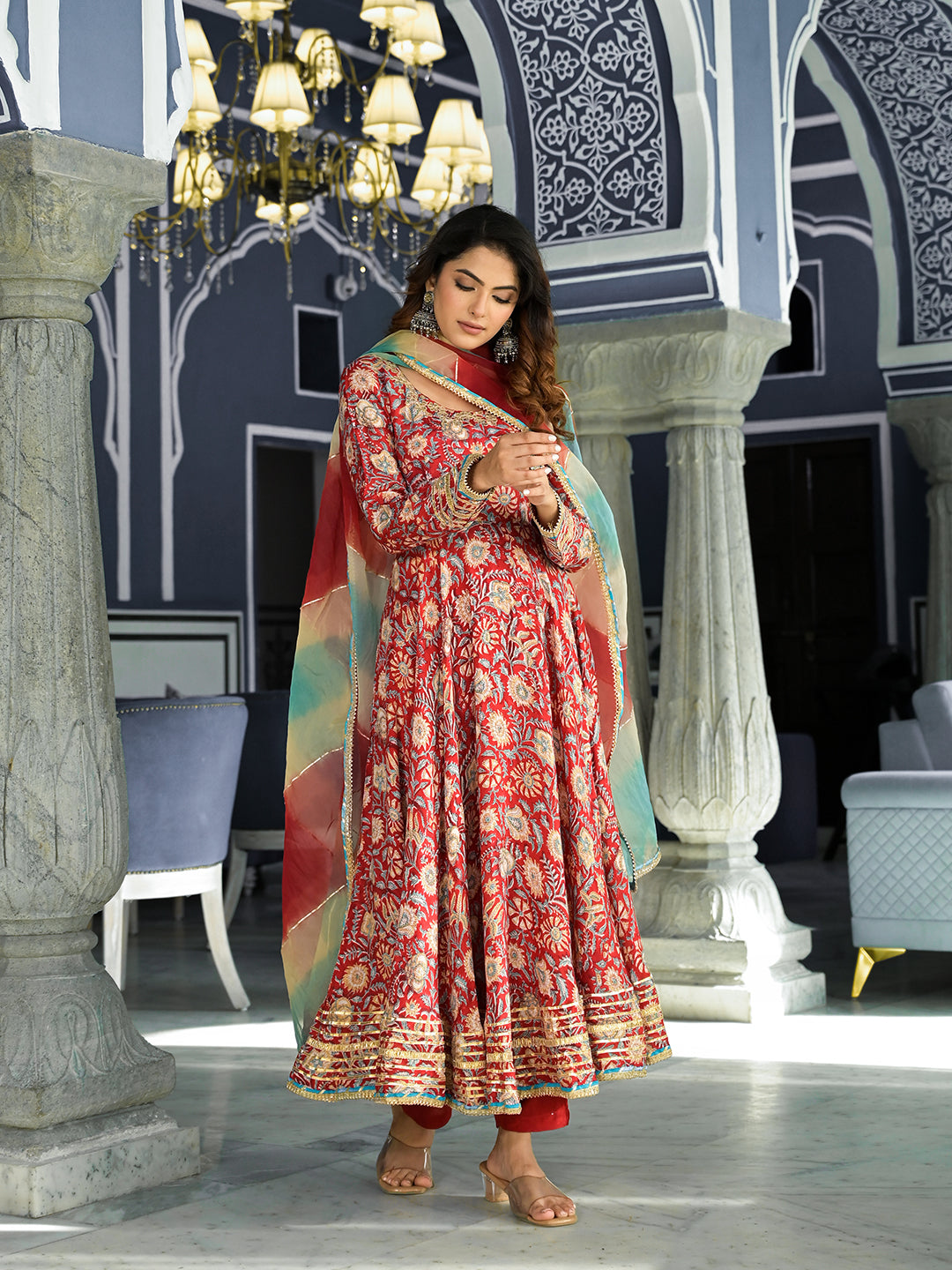 Elyora Red Floral Printed Anarkali Muslin Kurta Trouser with Dupatta Set