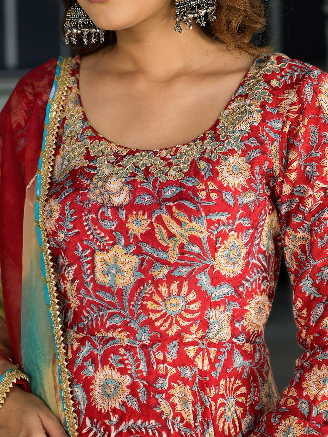 Elyora Red Floral Printed Anarkali Muslin Kurta Trouser with Dupatta Set