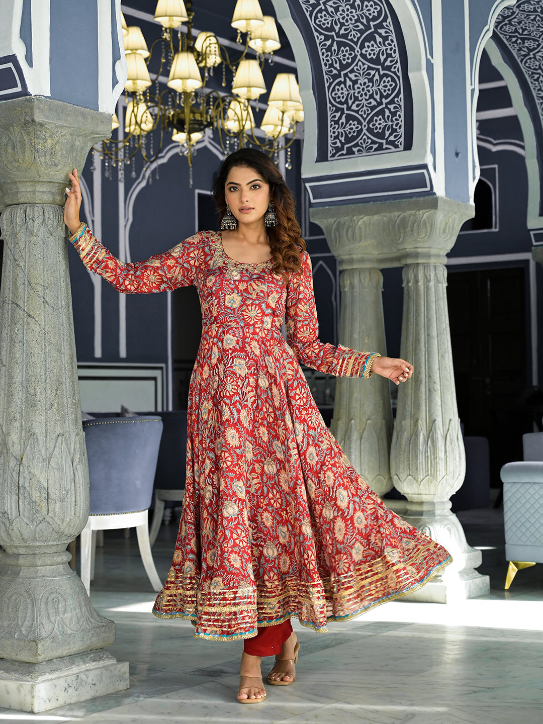 Elyora Red Floral Printed Anarkali Muslin Kurta Trouser with Dupatta Set