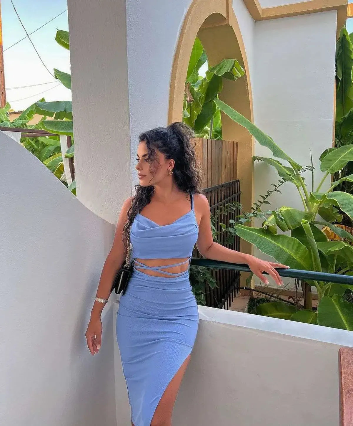Baby Blue Cut Out Crisscross Bodycon Dress